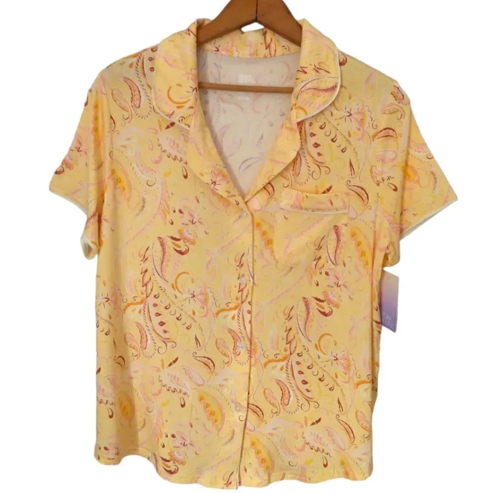Stars Above Pajama Top New Tags Medium Paisley Pastel Yellow Soft Short Sleeves.